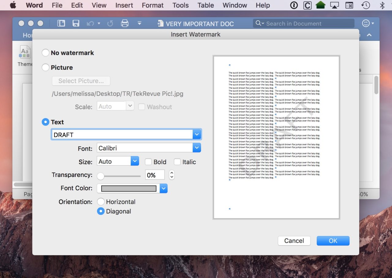 how to insert watermark in word 2011 for mac